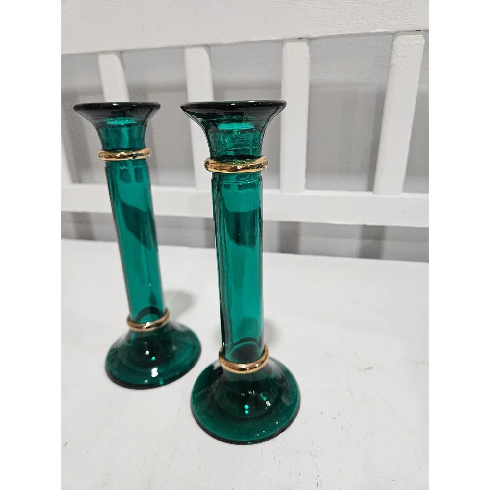 Vtg Pier 1 Emerald Green Glass Blown Glass Candle Holders, Made in Spain, 7.75